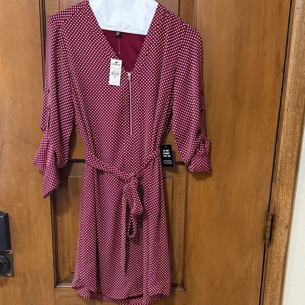 Express Polka Dot Dress with Belt Maroon XS NWT